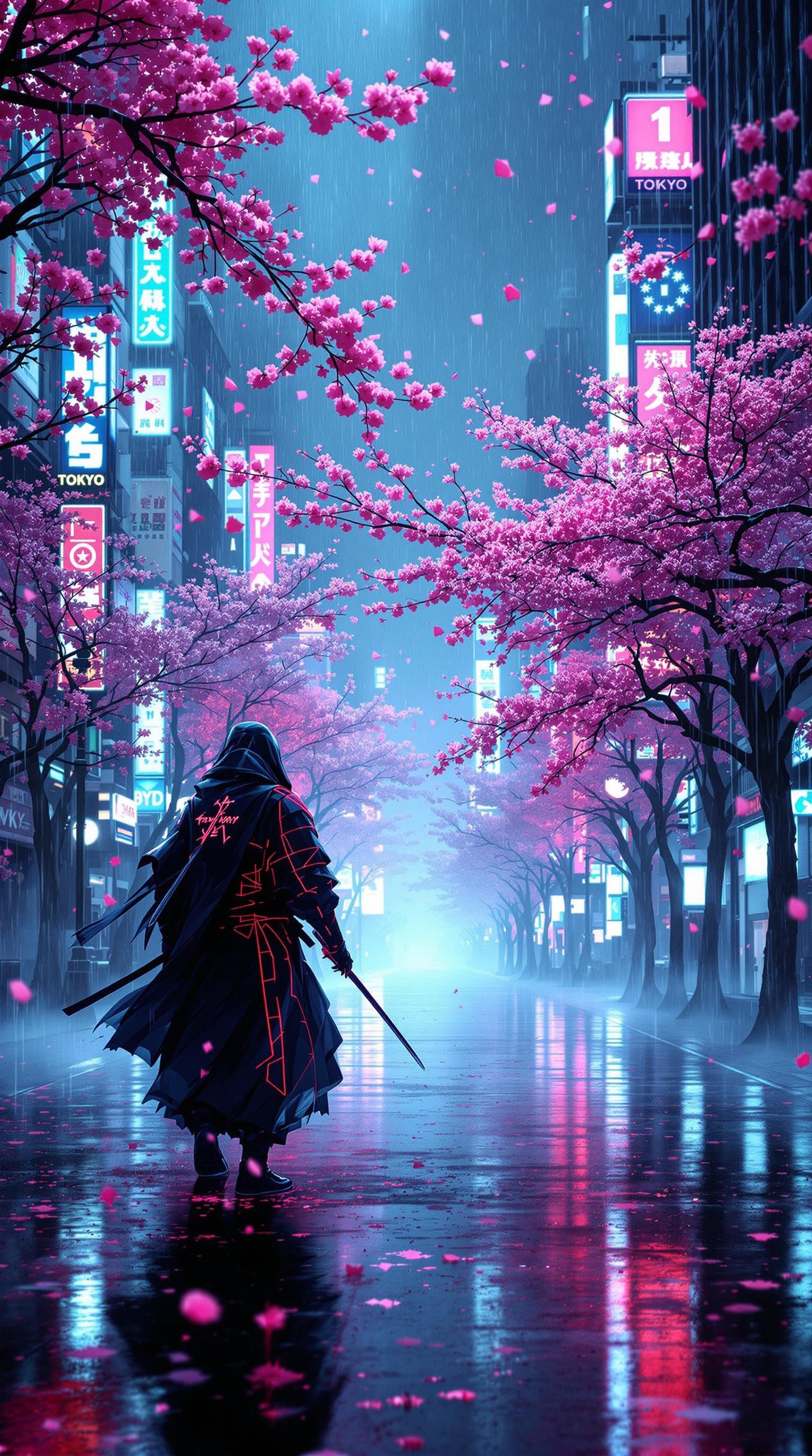 Cyberpunk Samurai in Neon Rain
