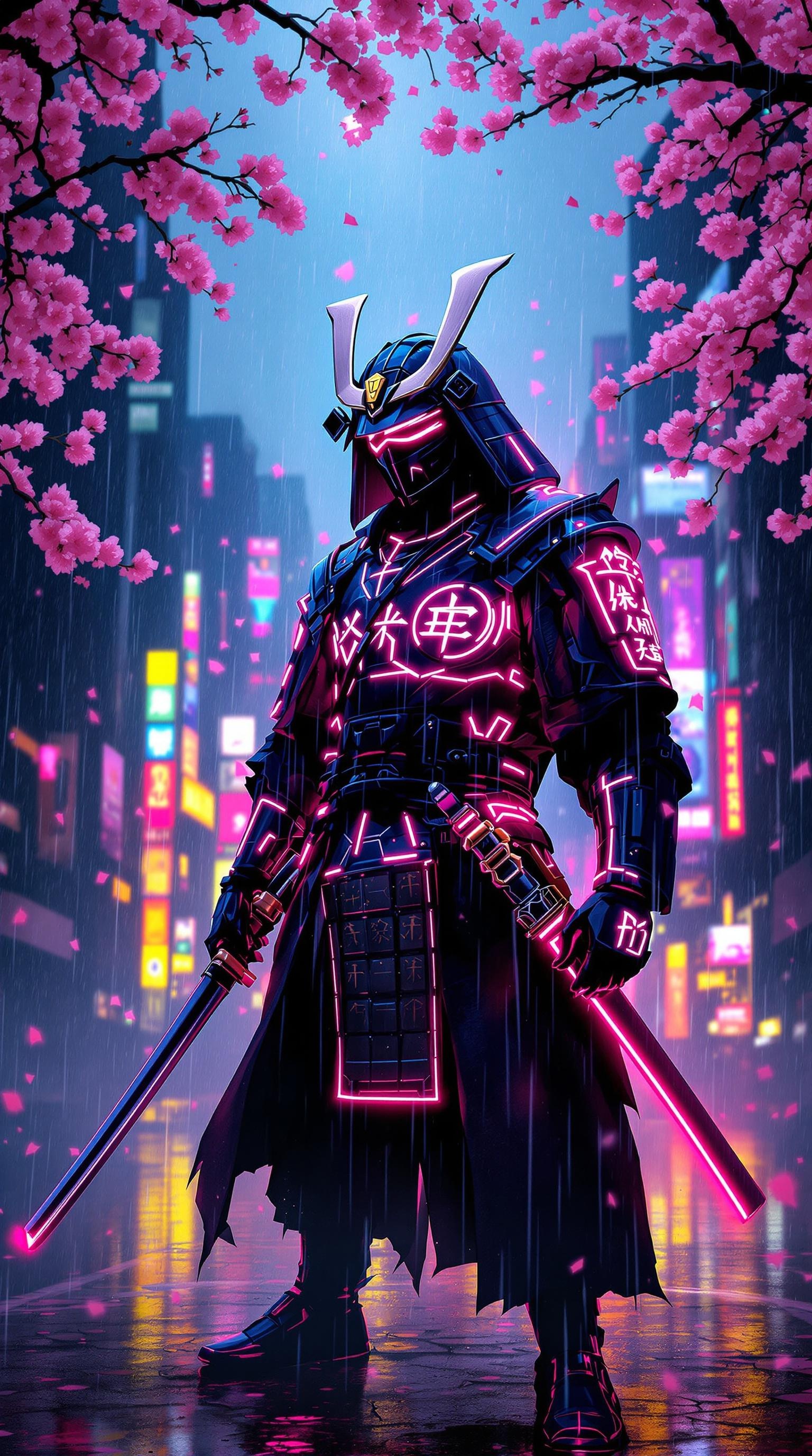 Neon Samurai In Rainstorm