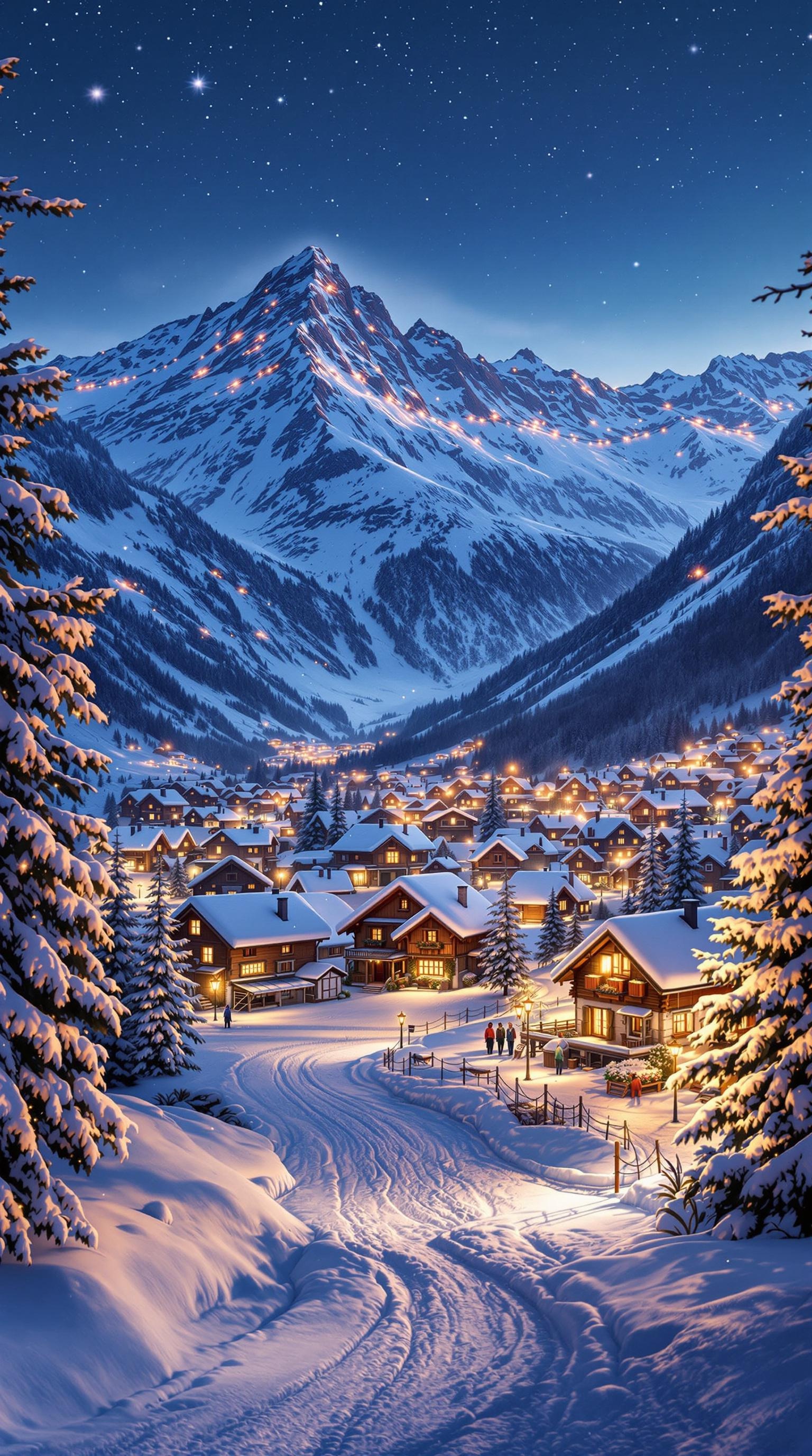 Snowy Alps Village Lights
