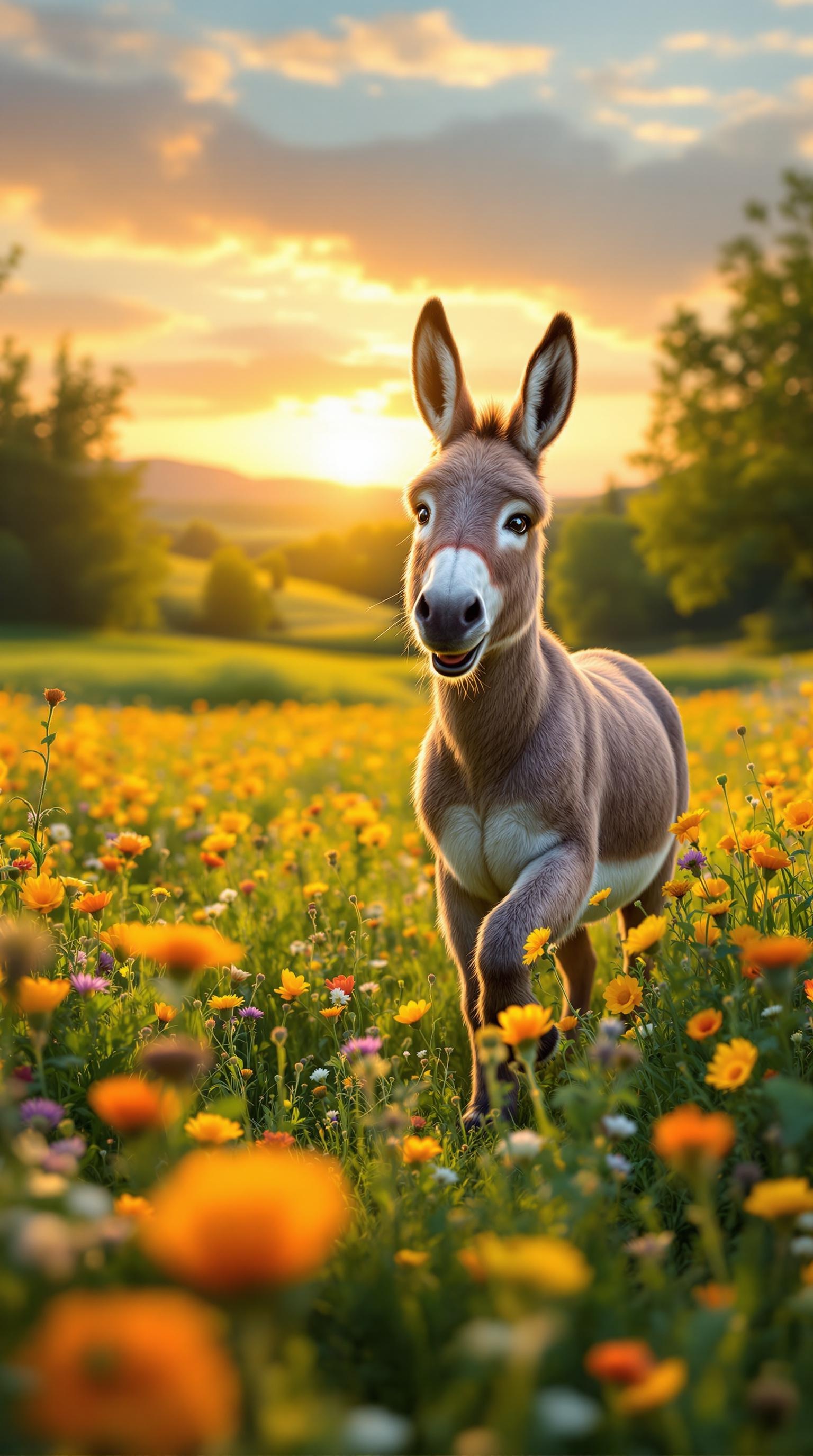 Sunset Frolic: Playful Donkey